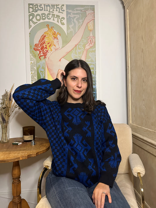 Vintage 1980s SWAK Blue and Black Ski Sweater (Sz M)