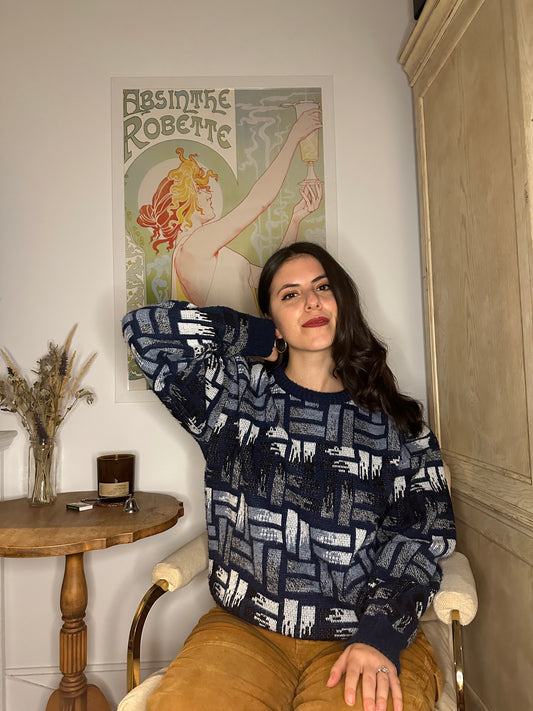 Vintage 80s Abstract City Scape Pattern Sweater (Size L)