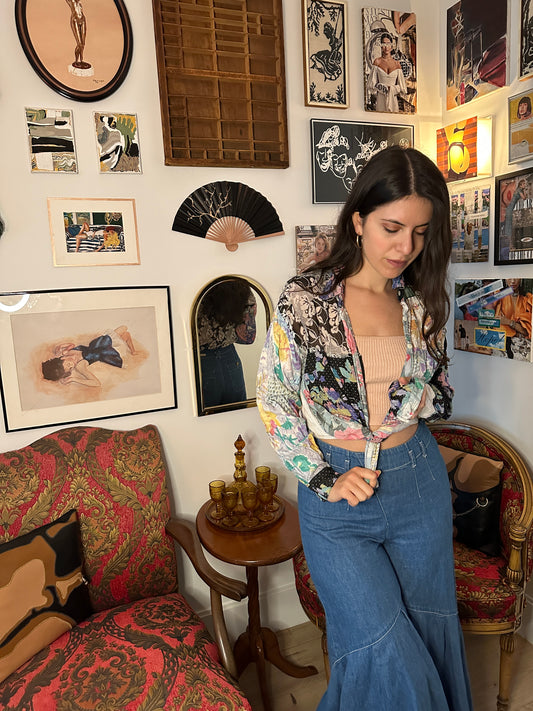 Vintage Abstract Patchwork Pattern Button-Up Top (Sz M)