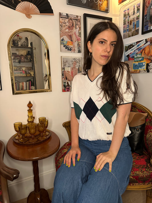 Vintage Escada Sport Argyle Knit Short Sleeve Sweater (Sz L)