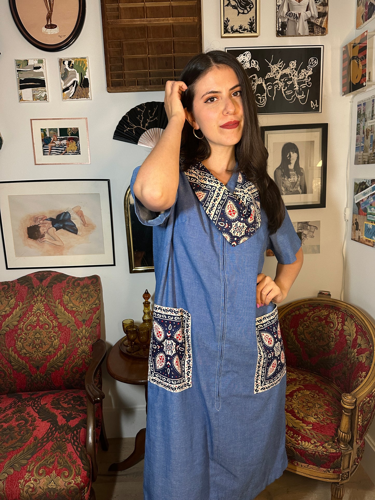 Vintage 1960s Basila Bandana and Pocket Chambray “Denim” Dress (Sz L/XL)