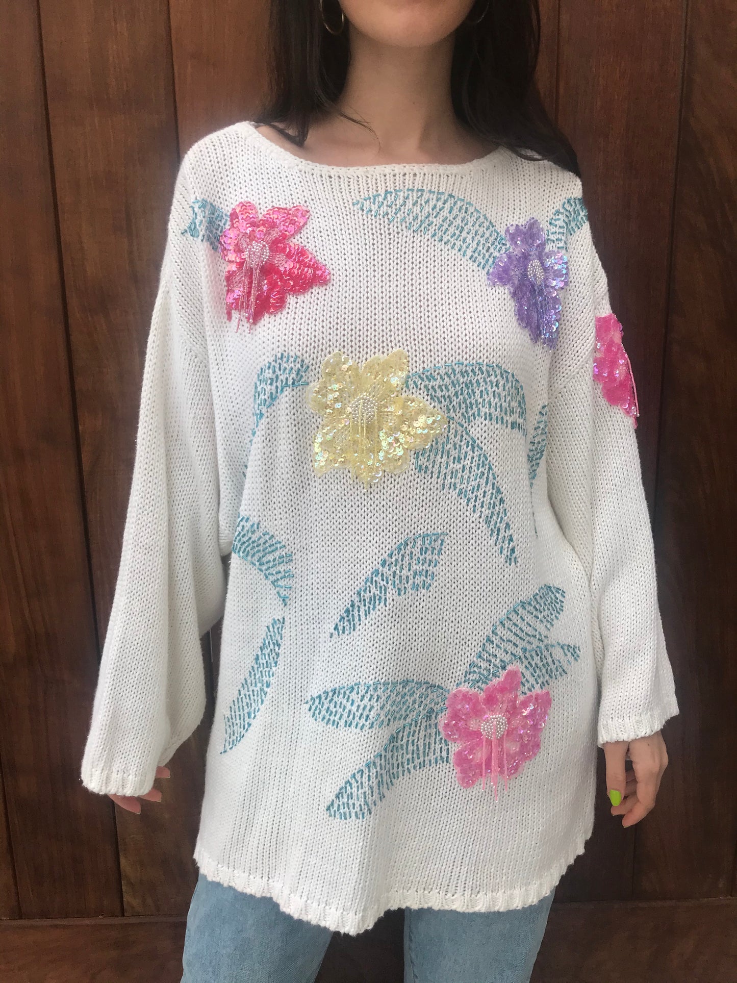 Vintage 1980s Bonnie Boerer Bead and Sequin Floral Sweater (Size Large)