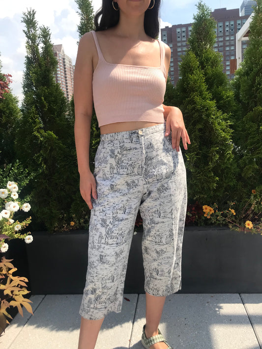 Vintage Wildlife Sportswear White and Black Toile Print Capri Pants (Size 5/6)