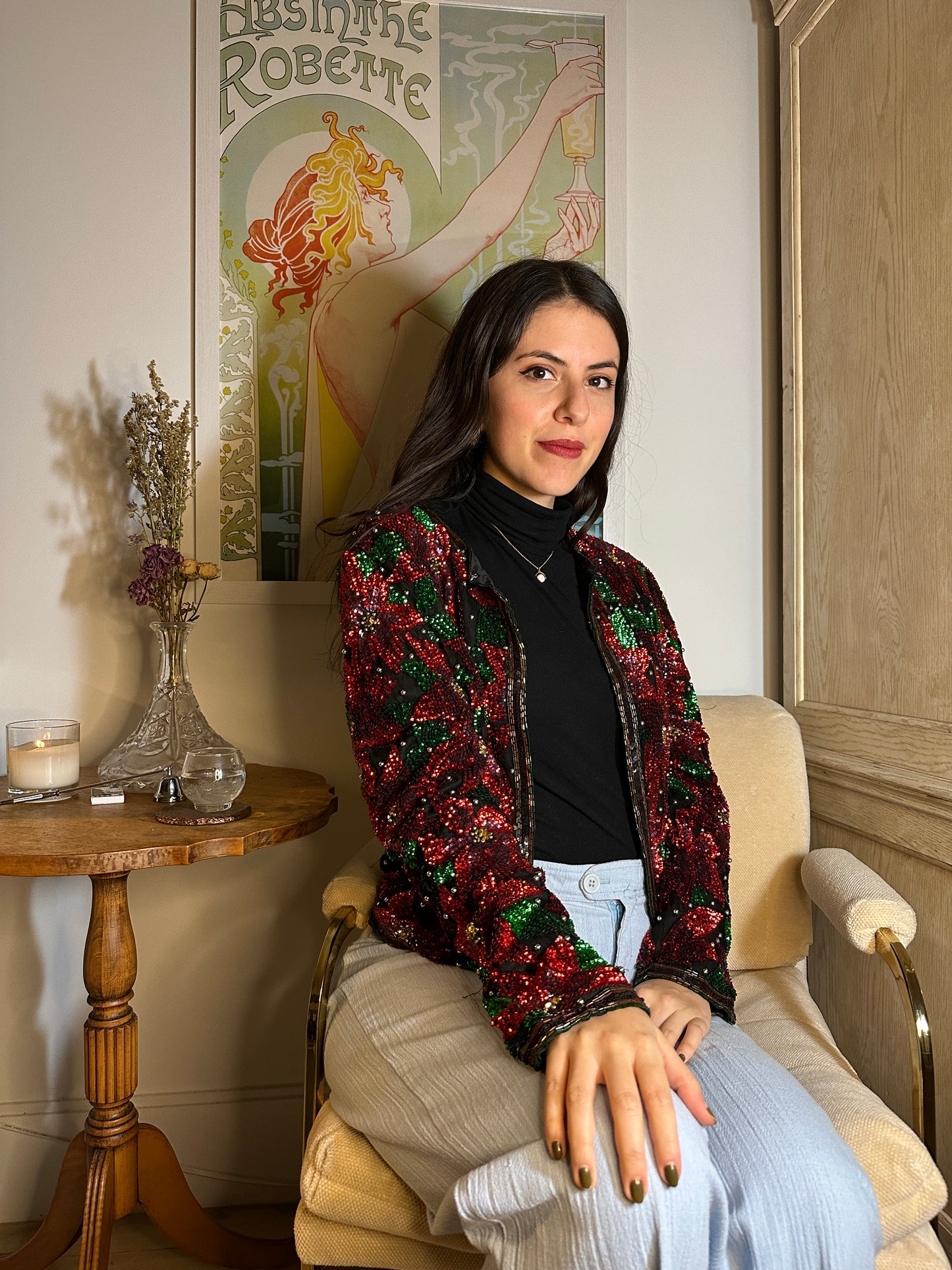 Vintage Red and Green Floral Sequin Jacket (Size M)