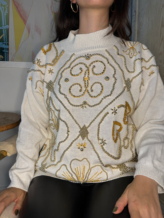 Vintage 1980s Victoria Jones Gold Beaded Sweater (Sz S)