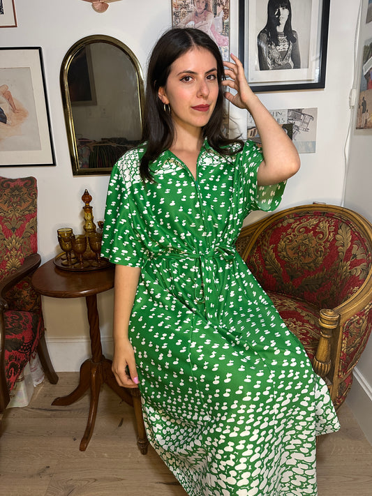 Vintage 1970s Lorac Original Green Printed Dress (Size L)