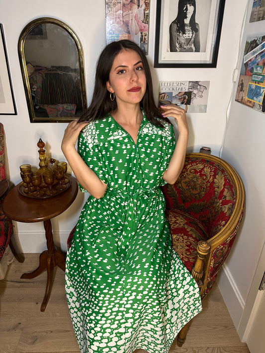 Vintage 1970s Lorac Original Green Printed Dress (Size L)