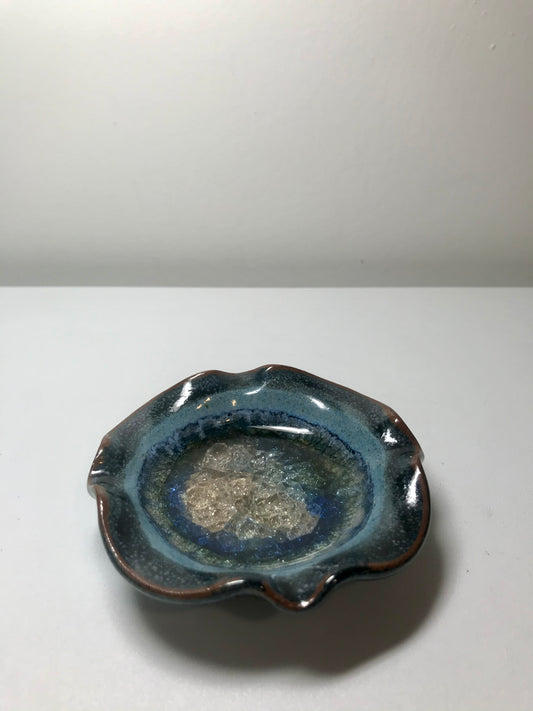 Handmade Blue Glazed Ceramic and Glass Small Ashtray