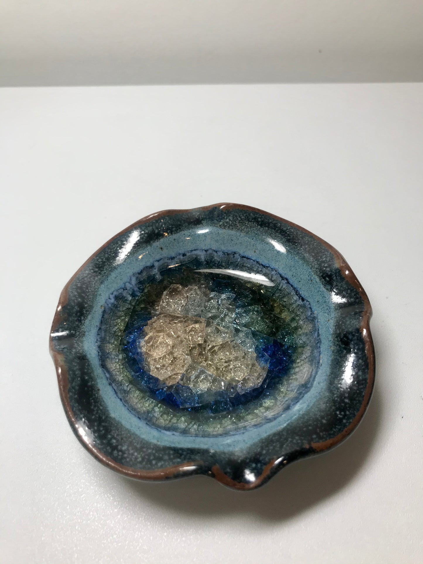 Handmade Blue Glazed Ceramic and Glass Small Ashtray