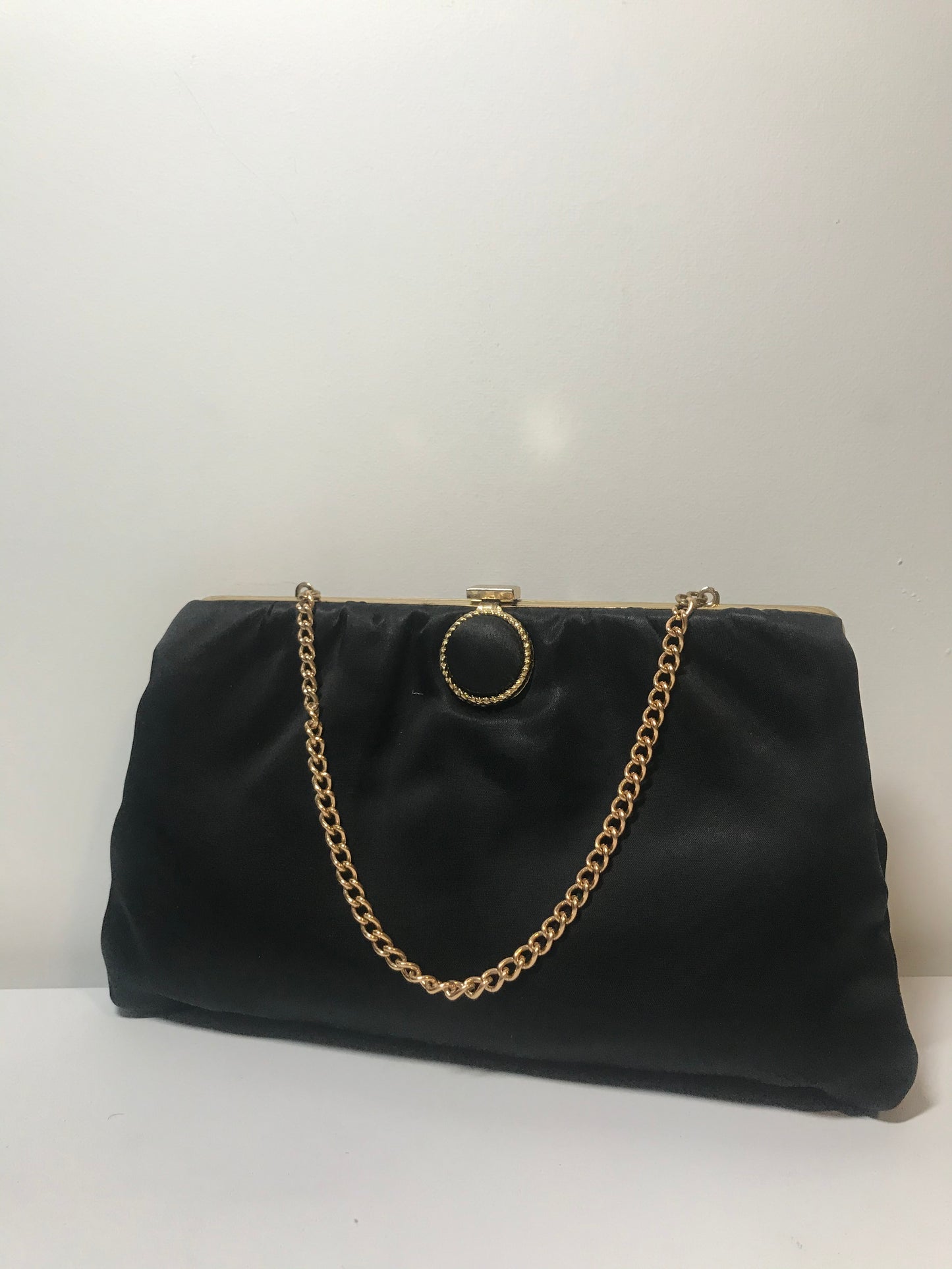 Vintage Black Satiny Evening Bag with Chain Handle and Circle Clasp