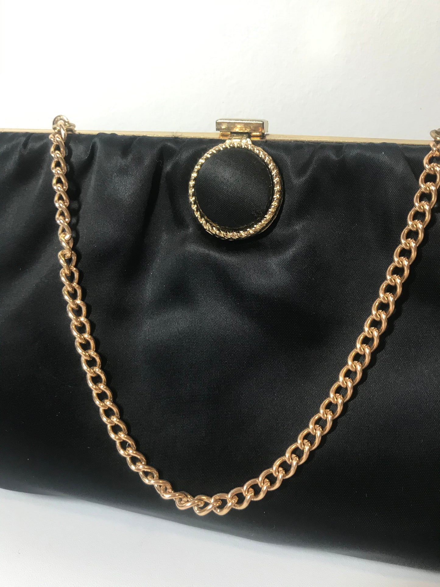 Vintage Black Satiny Evening Bag with Chain Handle and Circle Clasp