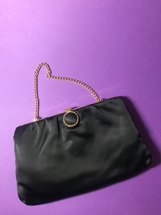 Vintage Black Satiny Evening Bag with Chain Handle and Circle Clasp