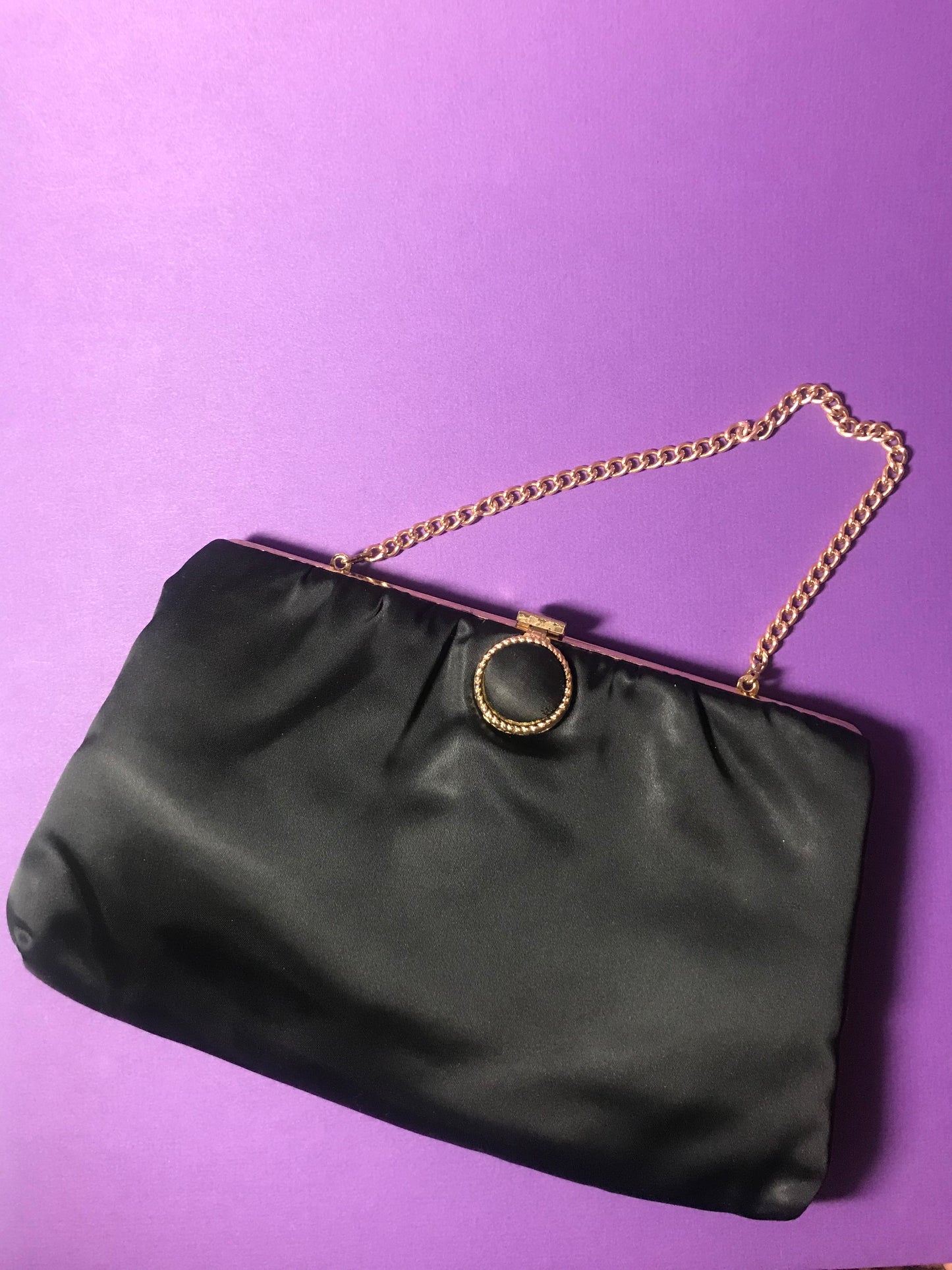 Vintage Black Satiny Evening Bag with Chain Handle and Circle Clasp