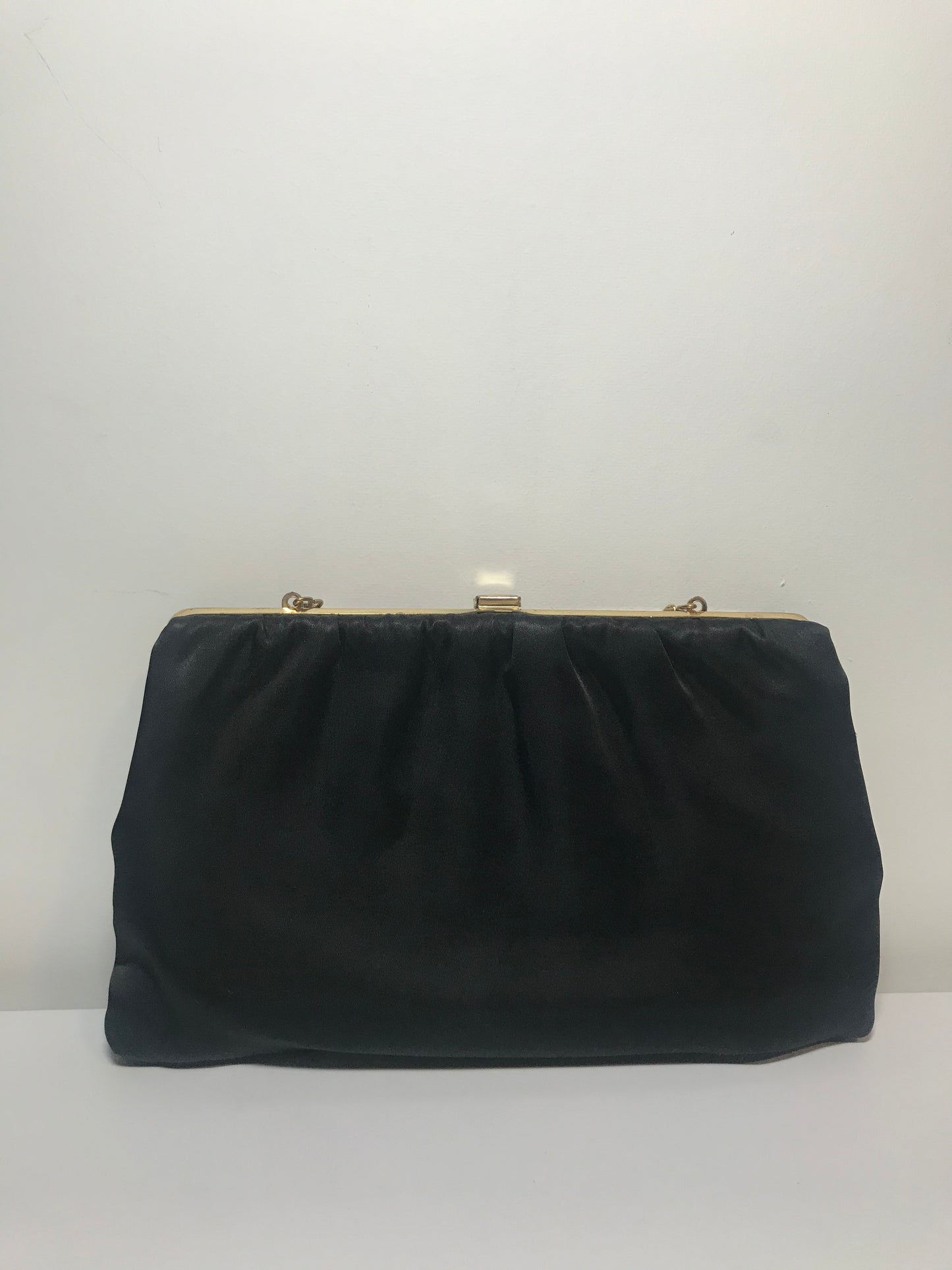 Vintage Black Satiny Evening Bag with Chain Handle and Circle Clasp