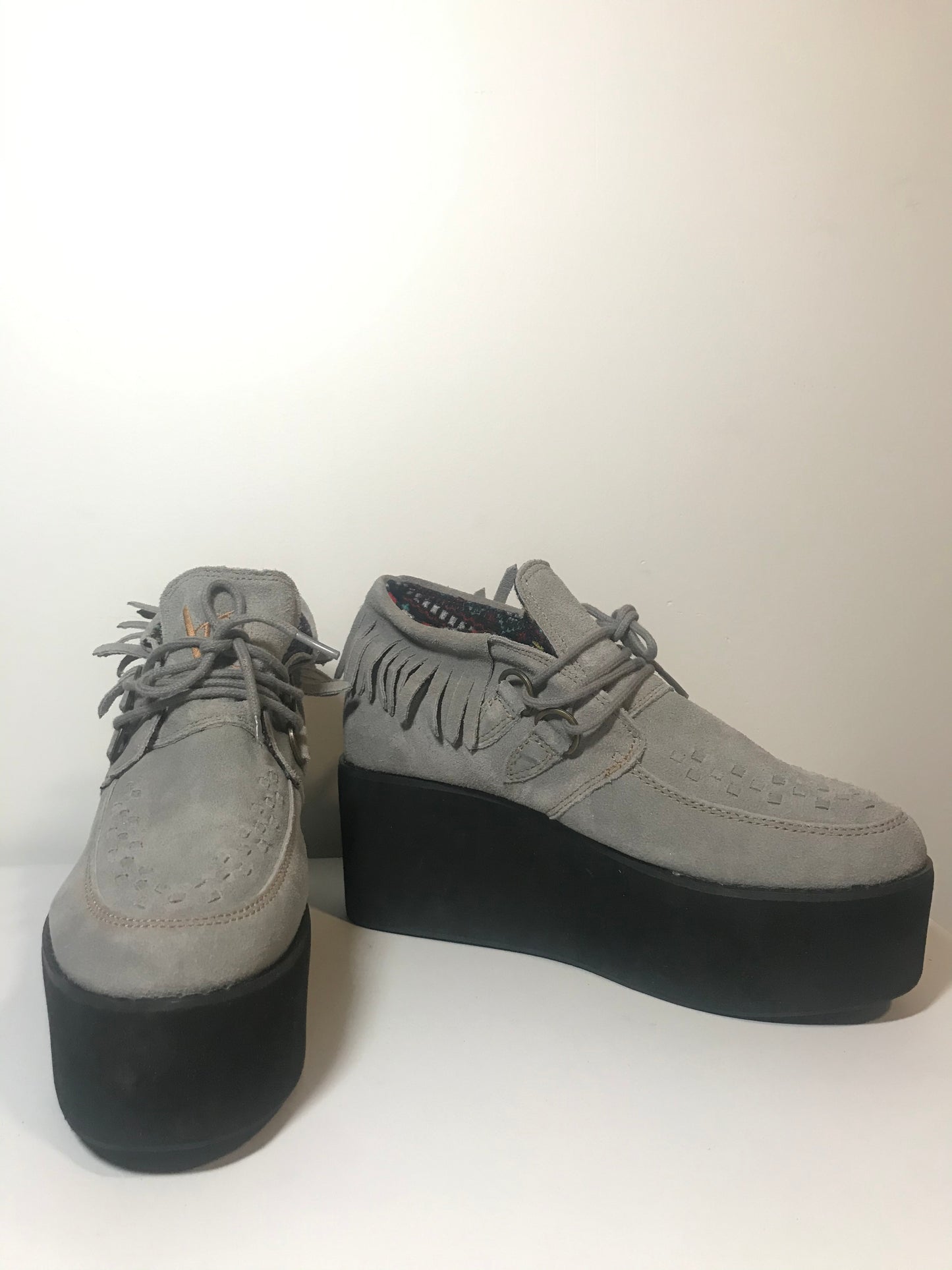 Y2K Grey Faux Suede Fringe Platform Creepers (Size 7 - Fit 8)