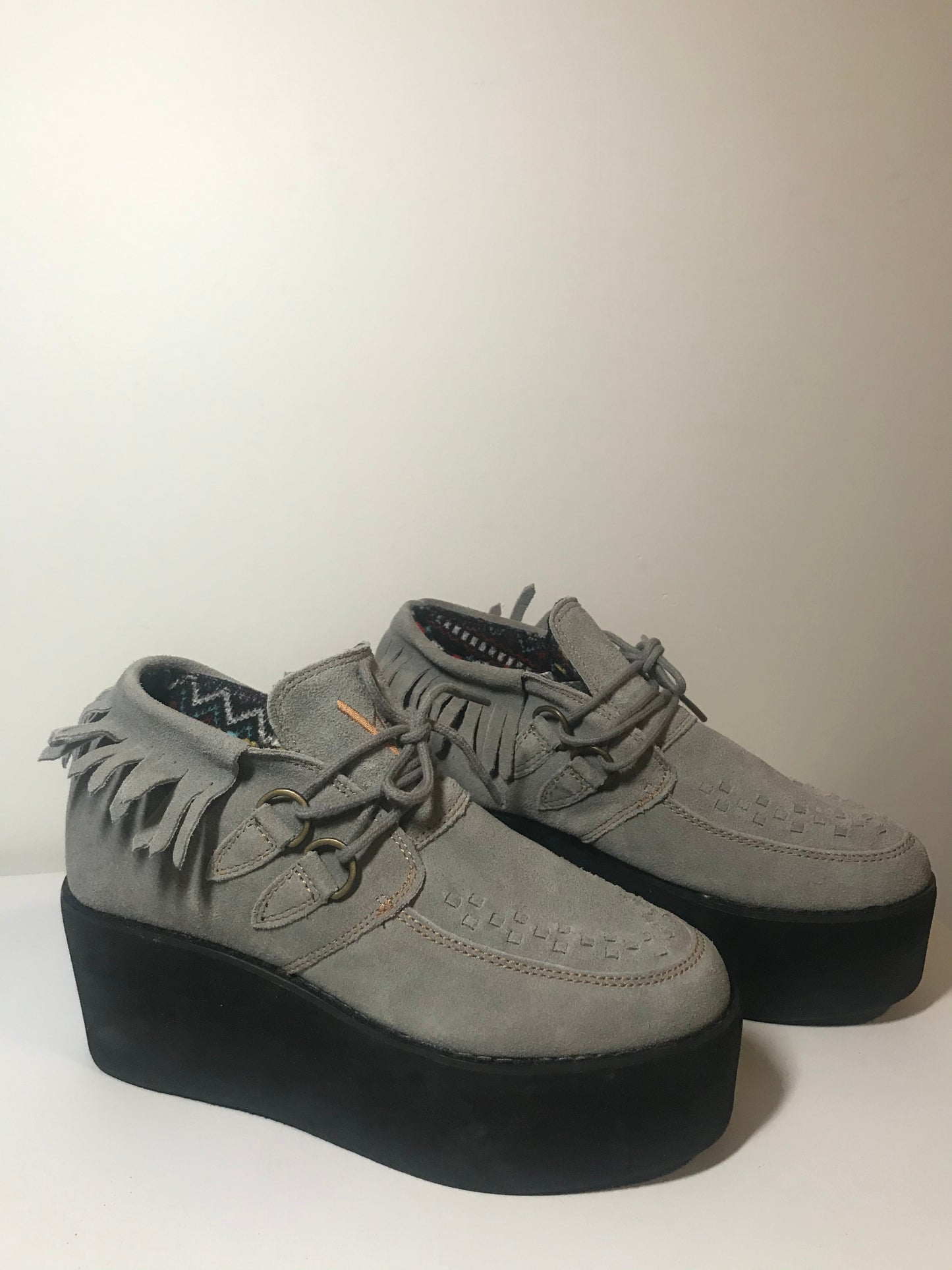 Y2K Grey Faux Suede Fringe Platform Creepers (Size 7 - Fit 8)