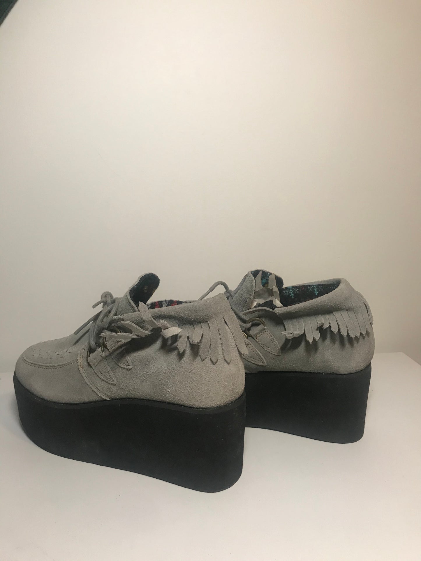 Y2K Grey Faux Suede Fringe Platform Creepers (Size 7 - Fit 8)