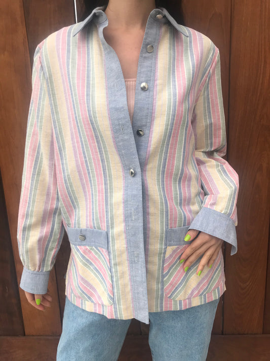 Vintage Intime Pastel Striped Canvas Button Down Shirt (Size 6/M)