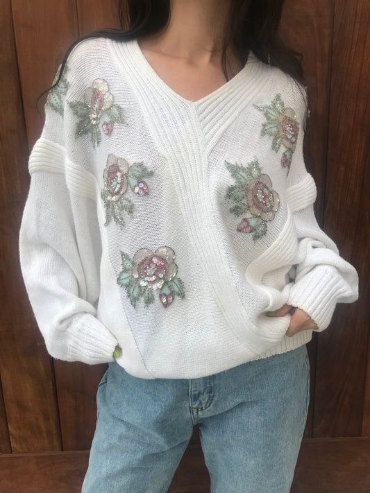Vintage 1980s Bonnie Boerer Plus Floral Applique Beaded Sweater (Size XL)