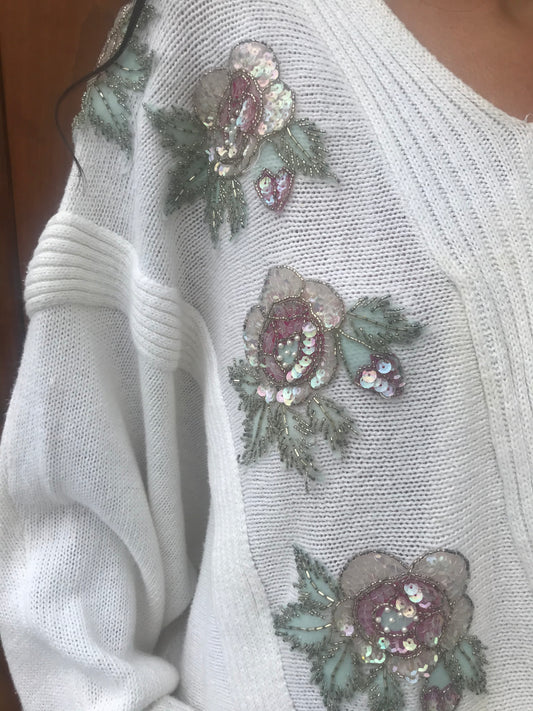 Vintage 1980s Bonnie Boerer Plus Floral Applique Beaded Sweater (Size XL)
