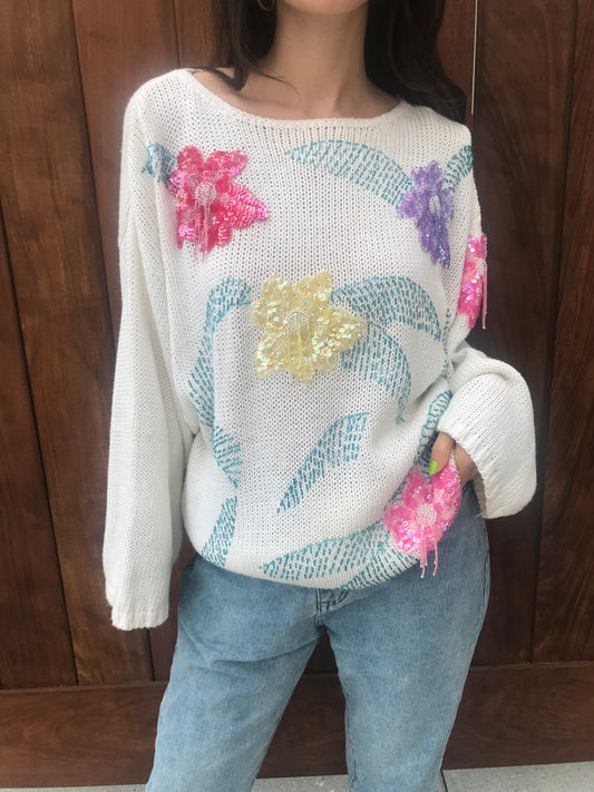 Vintage 1980s Bonnie Boerer Bead and Sequin Floral Sweater (Size Large)