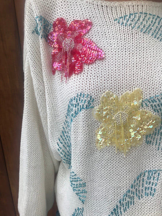 Vintage 1980s Bonnie Boerer Bead and Sequin Floral Sweater (Size Large)