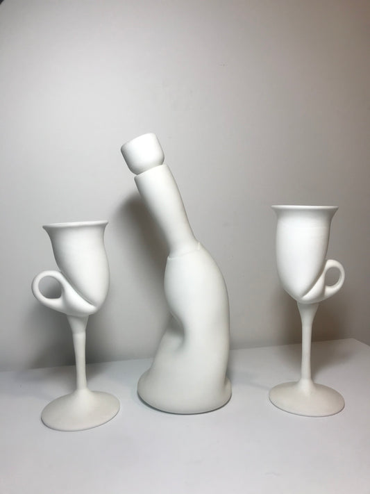 Michael Cohn Studios Signed White Art Glass "Folded" Bottle & Glasses Set