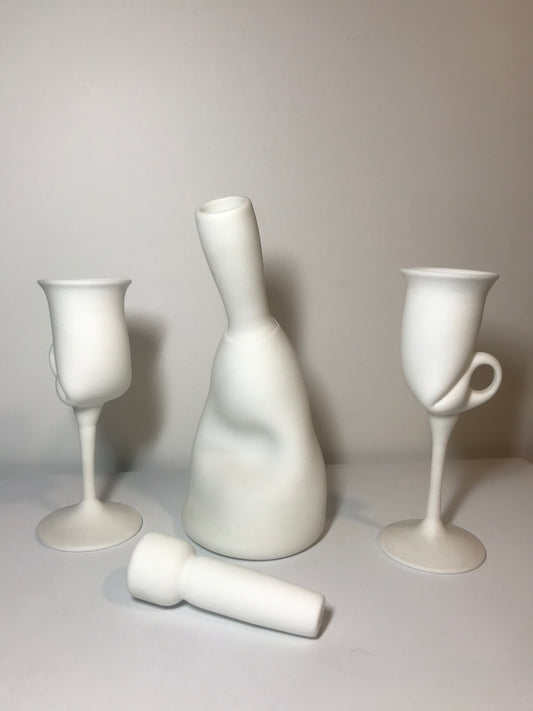 Michael Cohn Studios Signed White Art Glass "Folded" Bottle & Glasses Set