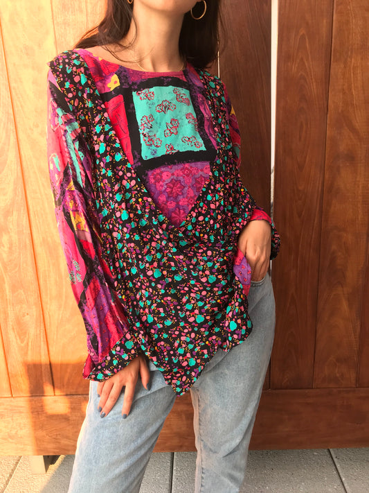 Vintage 1980s Carole Little Multicolor Top with Vest Front (Size 6)