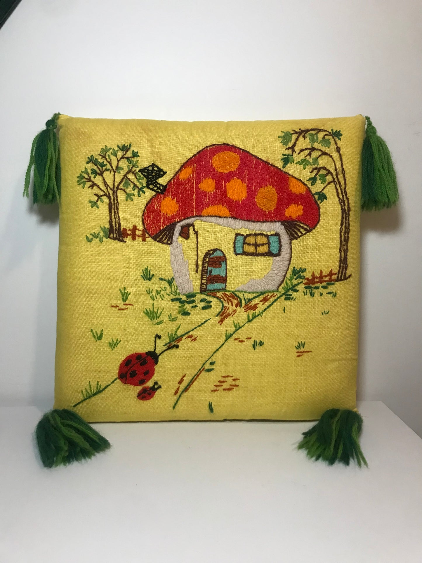 Yellow Decorative Mushroom House Embroidered Pillow with Tassels