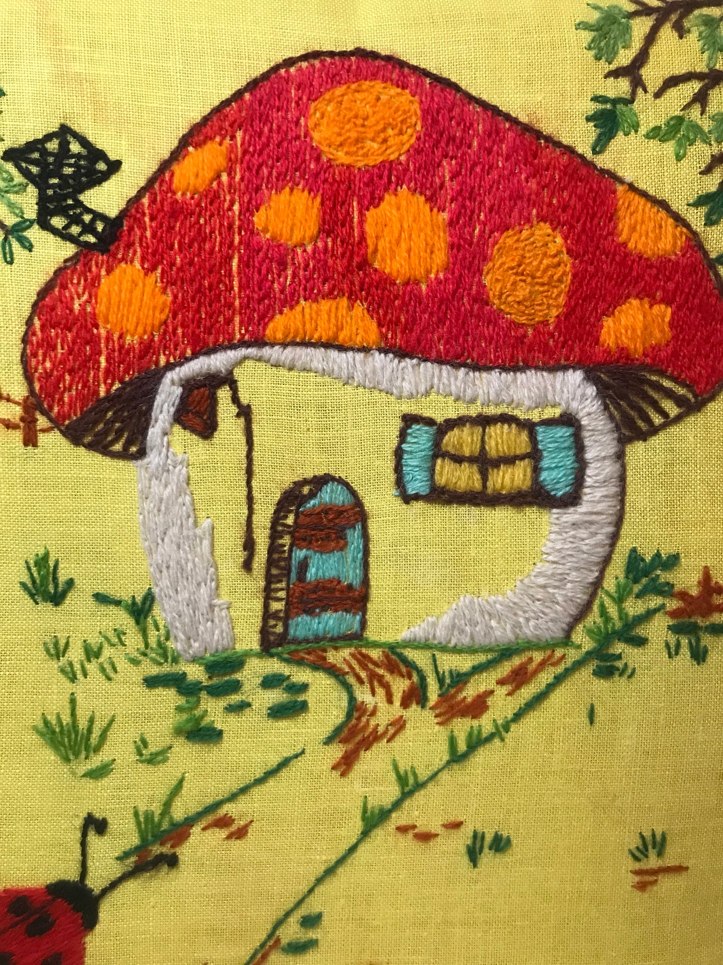 Yellow Decorative Mushroom House Embroidered Pillow with Tassels