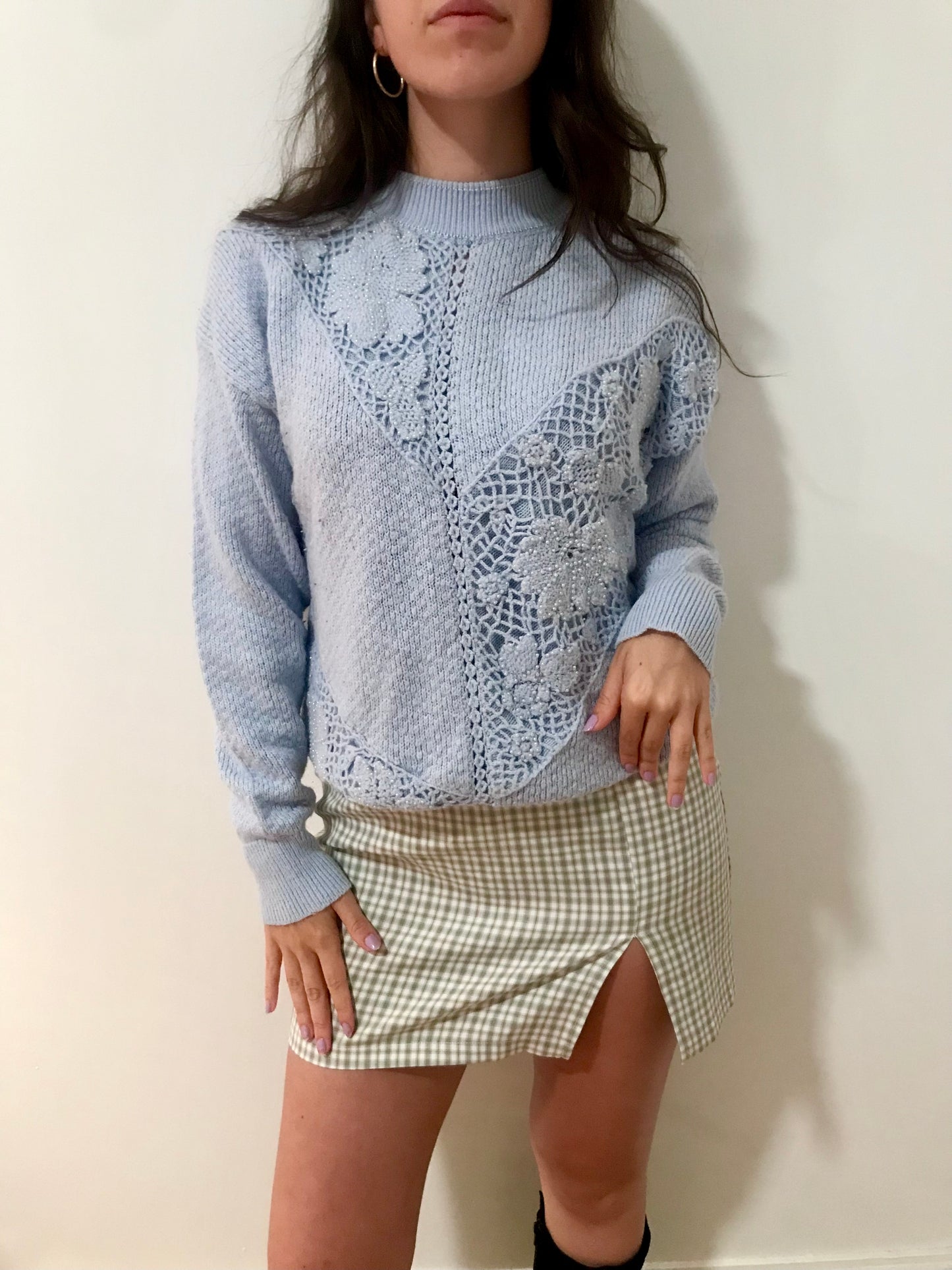 Vintage Periwinkle Pearl and Flower Panel Knit Sweater (Size M)