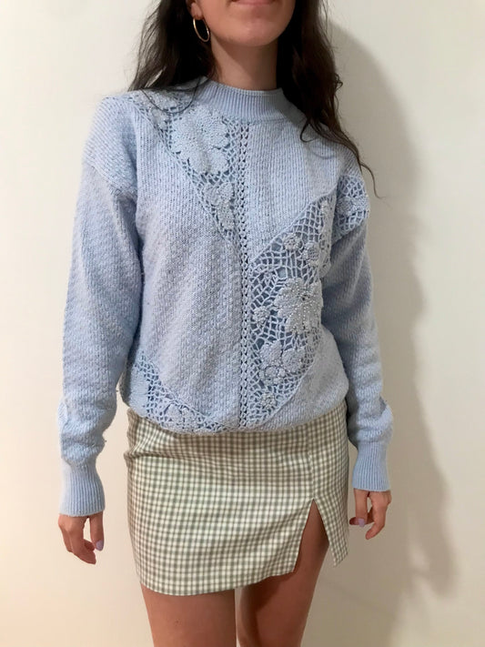 Vintage Periwinkle Pearl and Flower Panel Knit Sweater (Size M)