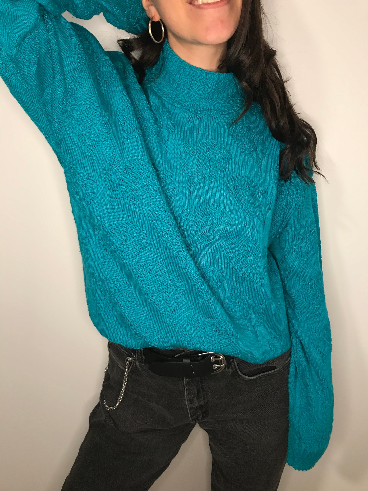 Vintage 1970s Teal Acrylic Knit Sweater With Rose Pattern (Size M)