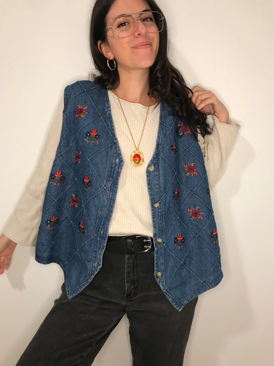 Vintage Bobbie Brooks Floral Embroidered Denim Vest (Size XL)