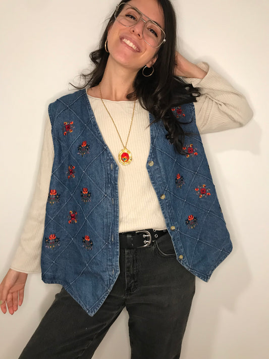 Vintage Bobbie Brooks Floral Embroidered Denim Vest (Size XL)