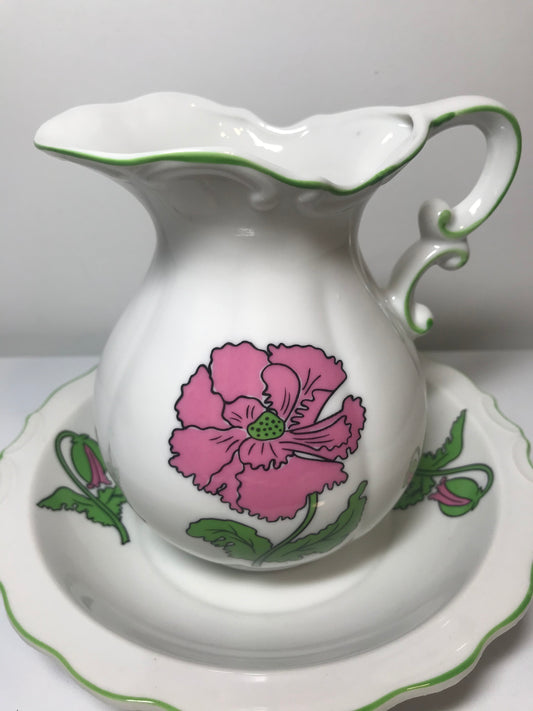 Vintage Pink Floral Pitcher and Plate