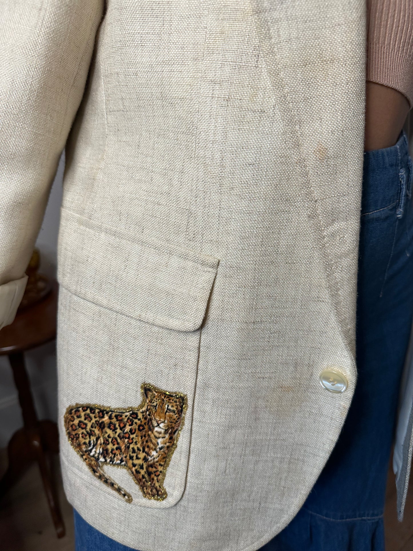 Vintage 1980s Hand-Painted Cheetah Linen Blazer (Sz M)