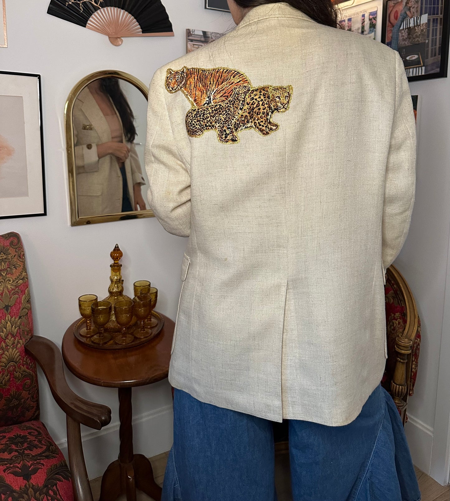 Vintage 1980s Hand-Painted Cheetah Linen Blazer (Sz M)